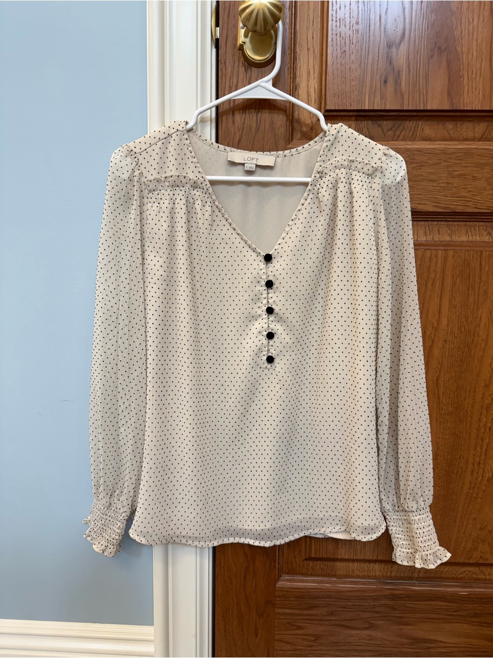 LOFT Cream Blouse with Black Dot Accents